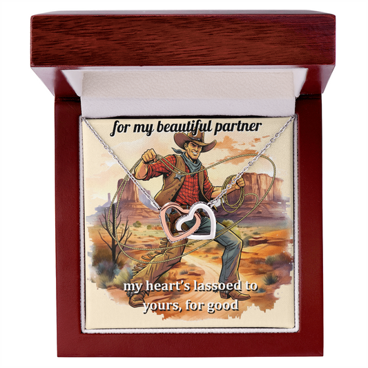 Western Theme  Message Card Interlocking Hearts Necklace For Your Partner