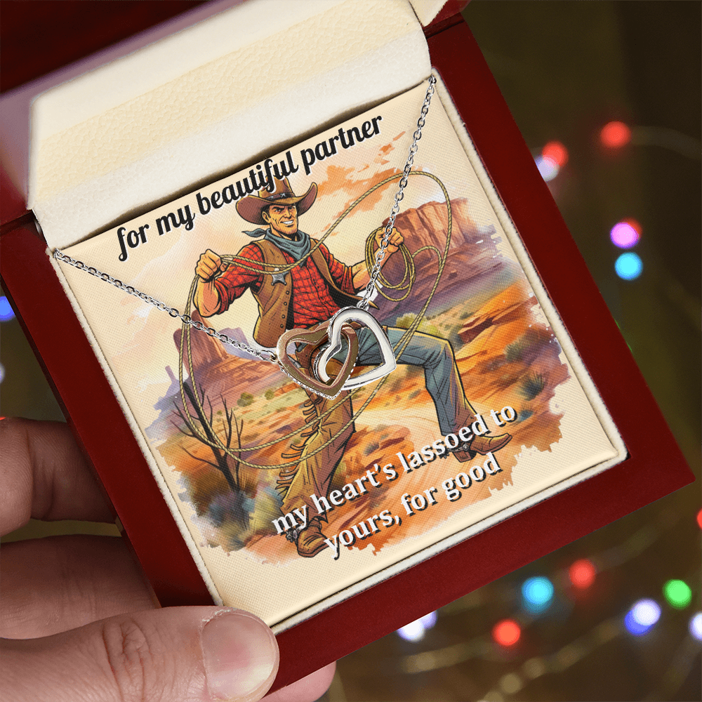 Western Theme  Message Card Interlocking Hearts Necklace For Your Partner