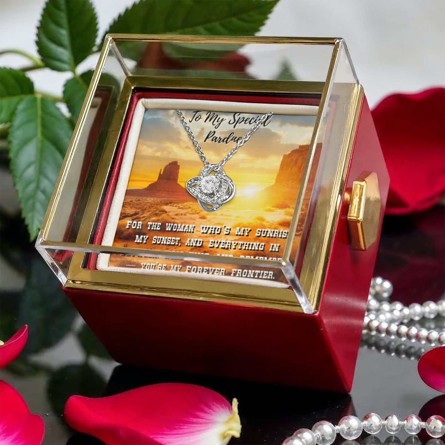 Sunset Vows - Love Knot with Rotating Rose Gift Box Just For Her